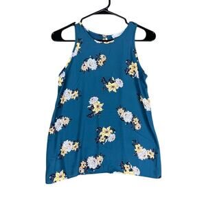 LOFT Womens Tank Top Blue White Floral Petite Crew Neck Keyhole Back XXSP